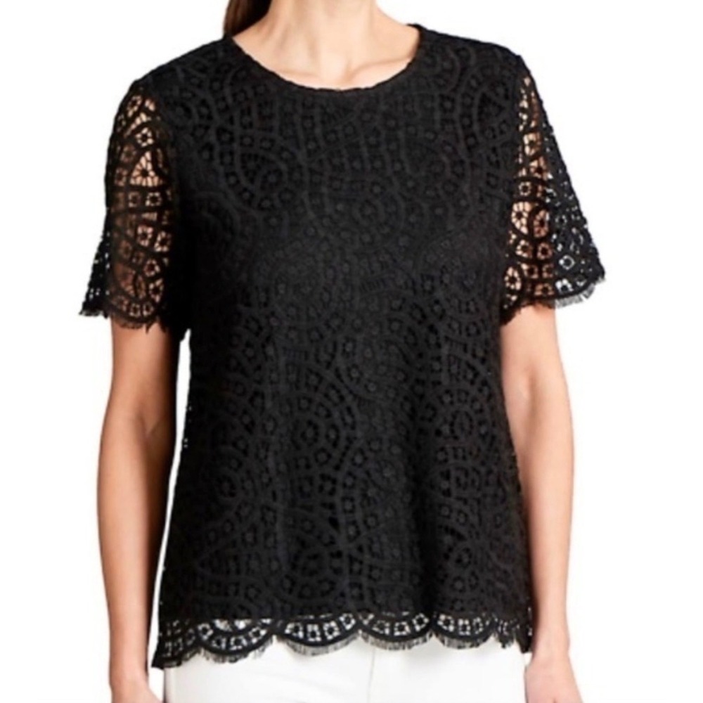 Philosophy Republic Clothing Black Lace Short Sleeve‎ Top Keyhole Size Medium